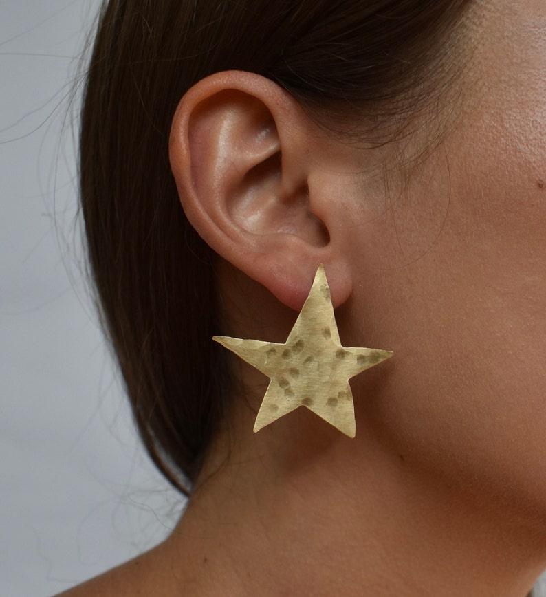 Big Silver and Brass Star and Moon Stud Earrings, Gold Celestial Accessories, Handmade Jewelry with Stars, Hammered Texture on Metal image 2