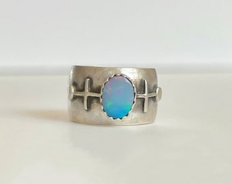 Geometric Symbols Wide-Band Australian Opal Chunky Sterling Silver Ring, Rainbow Flash Stones, Thick Domed Band