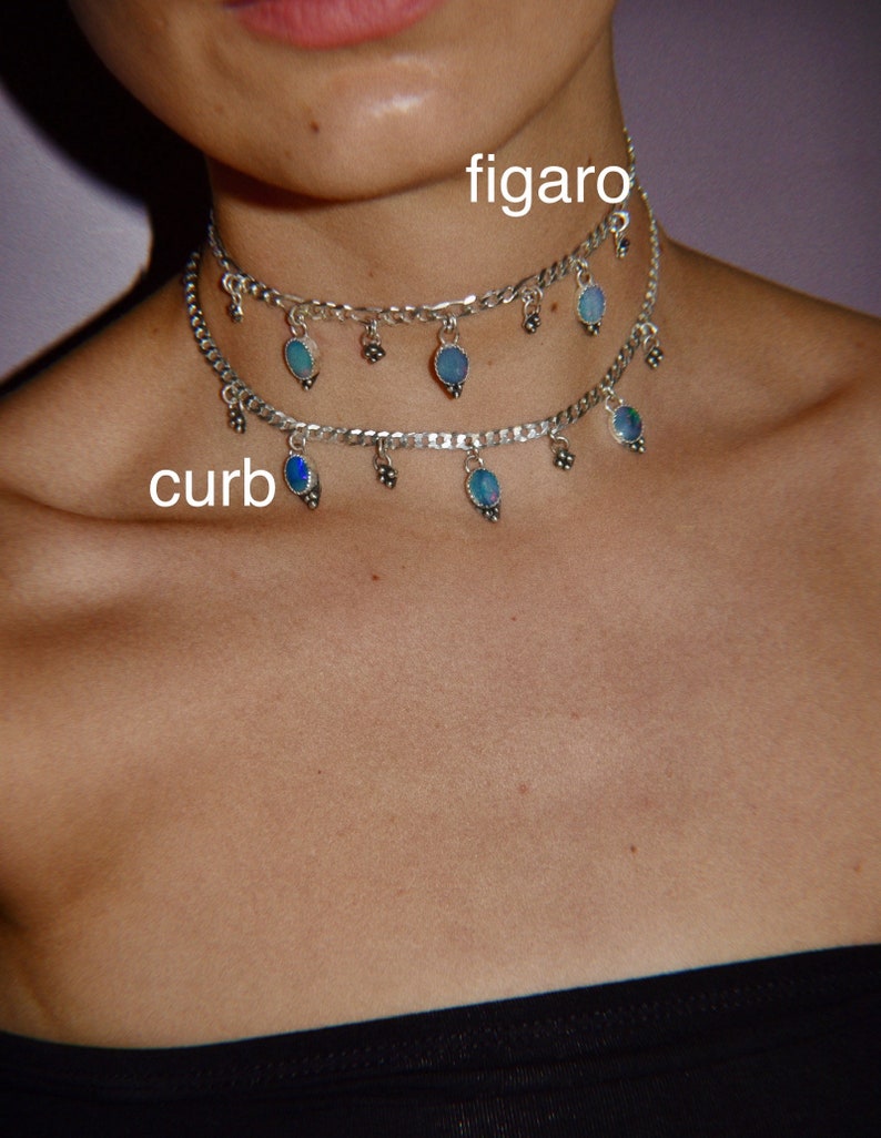 Australian Opal Dots Choker Necklace with Sterling Silver in Figaro or Curb Chain Fairy Core Aesthetic, Whimsigoth, Y2K, Festival image 3