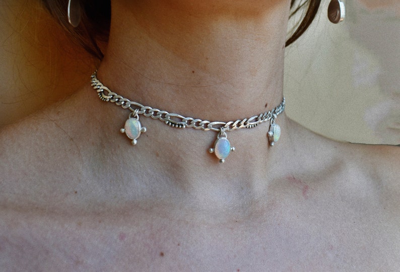 Opal & Lots of Dots Choker Necklace with Sterling Silver in Figaro or Curb Chain Fairy Whimsical Industrial, Rave, Welo Stone image 5