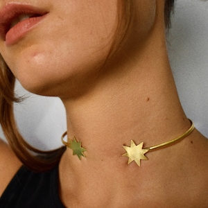 Northstar Choker in Brass (Gold Color) and Sterling Silver, 8-Point Star Torque, Twinkle Sparkle Necklace