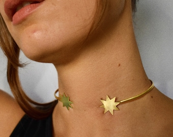 Northstar Choker in Brass (Gold Color) and Sterling Silver, 8-Point Star Torque, Twinkle Sparkle Necklace
