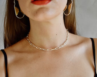 Paper Clip Chain Layering Choker in Genuine Solid Sterling Silver, Adjustable Paperclip Link Necklace, Alt 90&#39;s Style Accessory
