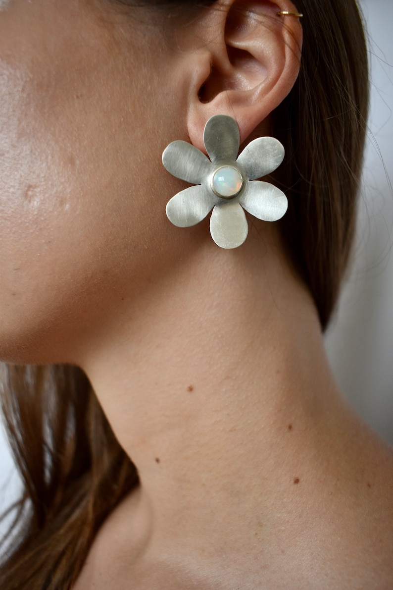 Big Daisy Earrings with Opal in Sterling Silver, Woodstock Festival Statement Jewelry, 60s / 70s Flower Power, Retro Maximalist Style image 9