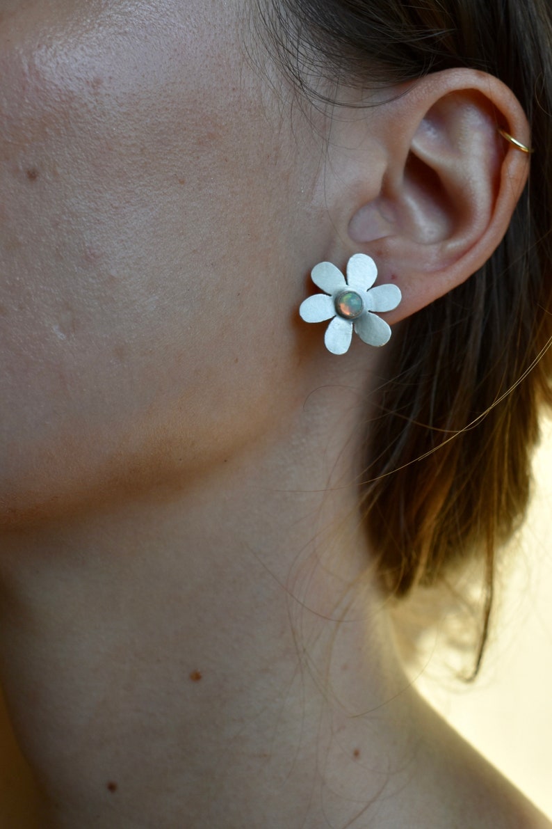 Daisy Stud Earrings with Opal, Spring Gift, Party Jewelry, Flower Power, Sterling Silver image 7