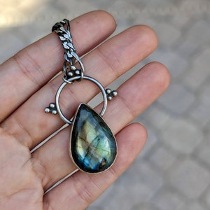 Cosmic Labradorite Tear Drop Choker Necklace in Sterling Silver with Moon & Star Design on Backside, Figaro Chain, Oxidized