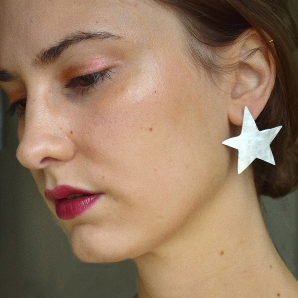 Big Silver and Brass Star and Moon Stud Earrings, Gold Celestial Accessories, Handmade Jewelry with Stars, Hammered Texture on Metal