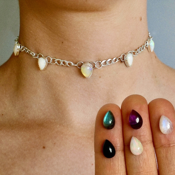 Opal, Moonstone, Onyx, Labradorite, Amethyst Choker Necklace with Sterling Silver with Chunky Curb Chain - FairyCore Vibe, Whimsical Grunge