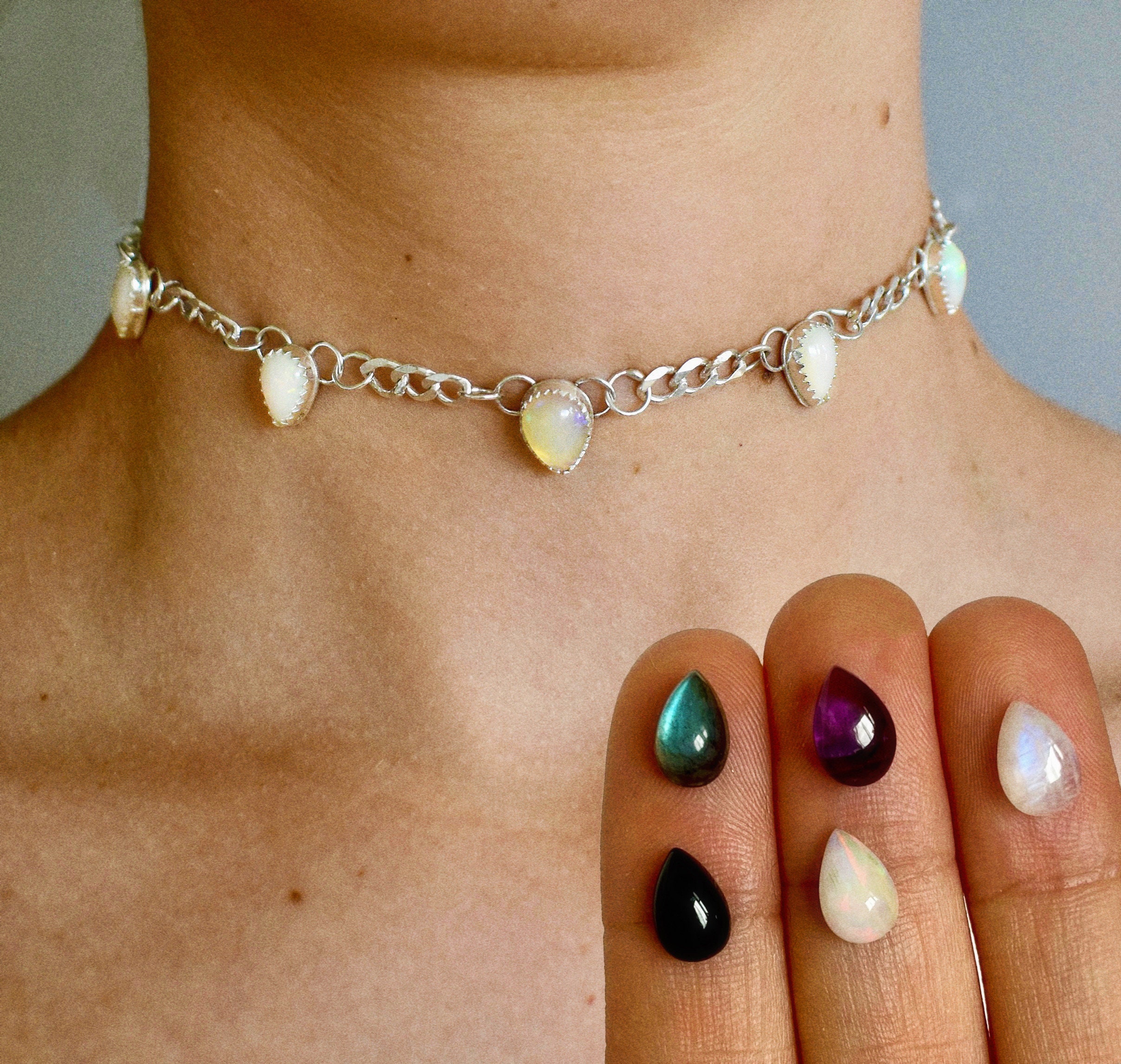 Opal, Moonstone, Onyx, Labradorite, Amethyst Choker Necklace with Sterling Silver with Chunky Curb Chain - FairyCore Vibe, Whimsical Grunge