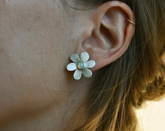 Daisy Stud Earrings with Opal or Onyx, Spring Gift, Party Jewelry, Flower Power, Sterling Silver