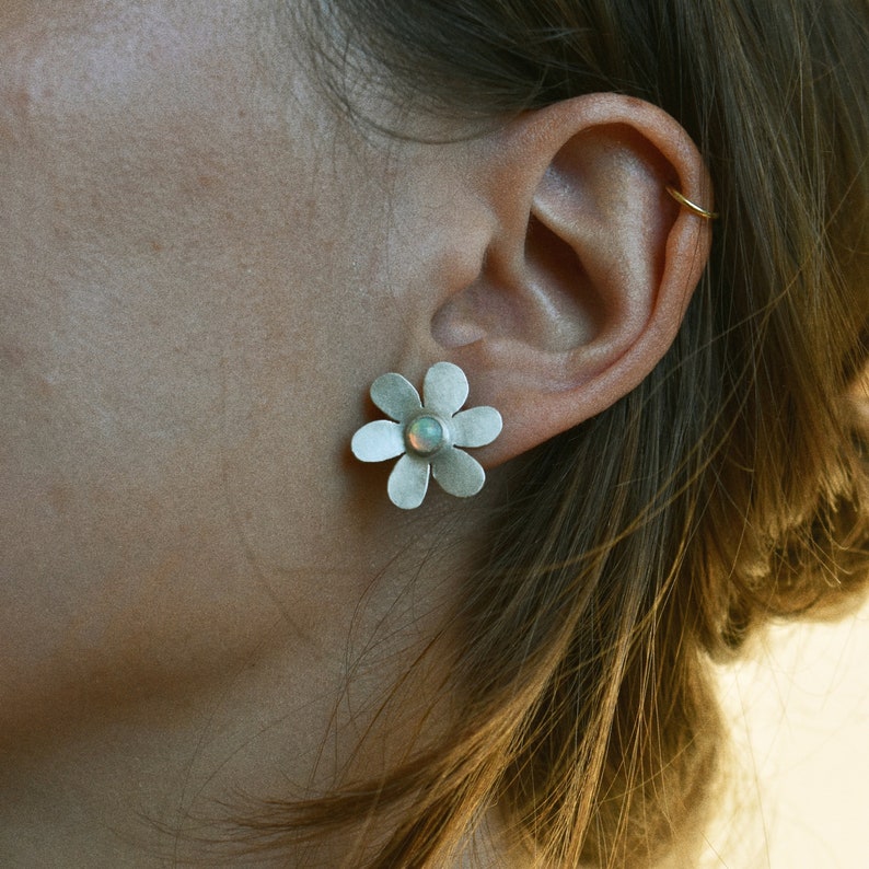 Daisy Stud Earrings with Opal, Spring Gift, Party Jewelry, Flower Power, Sterling Silver image 1