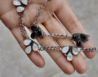 Onyx, Opal, Moonstone, Turquoise, Labradorite, Amethyst Choker Necklace with Sterling Silver & Chunky Curb Chain - Gothic Layering, Goth
