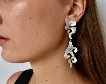 Umo Earrings in Silver & Brass, Cloud and Smoke Eclectic Earrings, Ethereal Jewelry, Asian Cloud Jewelry, Japanese Smokey Dangle Earrings