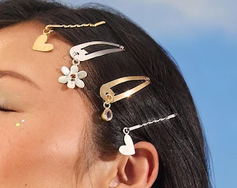 Festival Hair Pin Set – Daisy Chain Fields Collection by Olivia Rodrigo in Sterling Silver or Brass, Daisy, Heart, Citrine & Rose Quartz