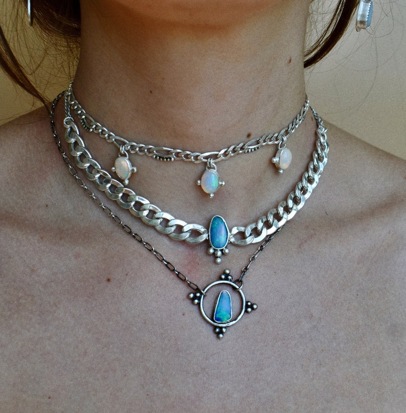 Opal & Lots of Dots Choker Necklace with Sterling Silver in Figaro or Curb Chain Fairy Whimsical Industrial, Rave, Welo Stone image 2