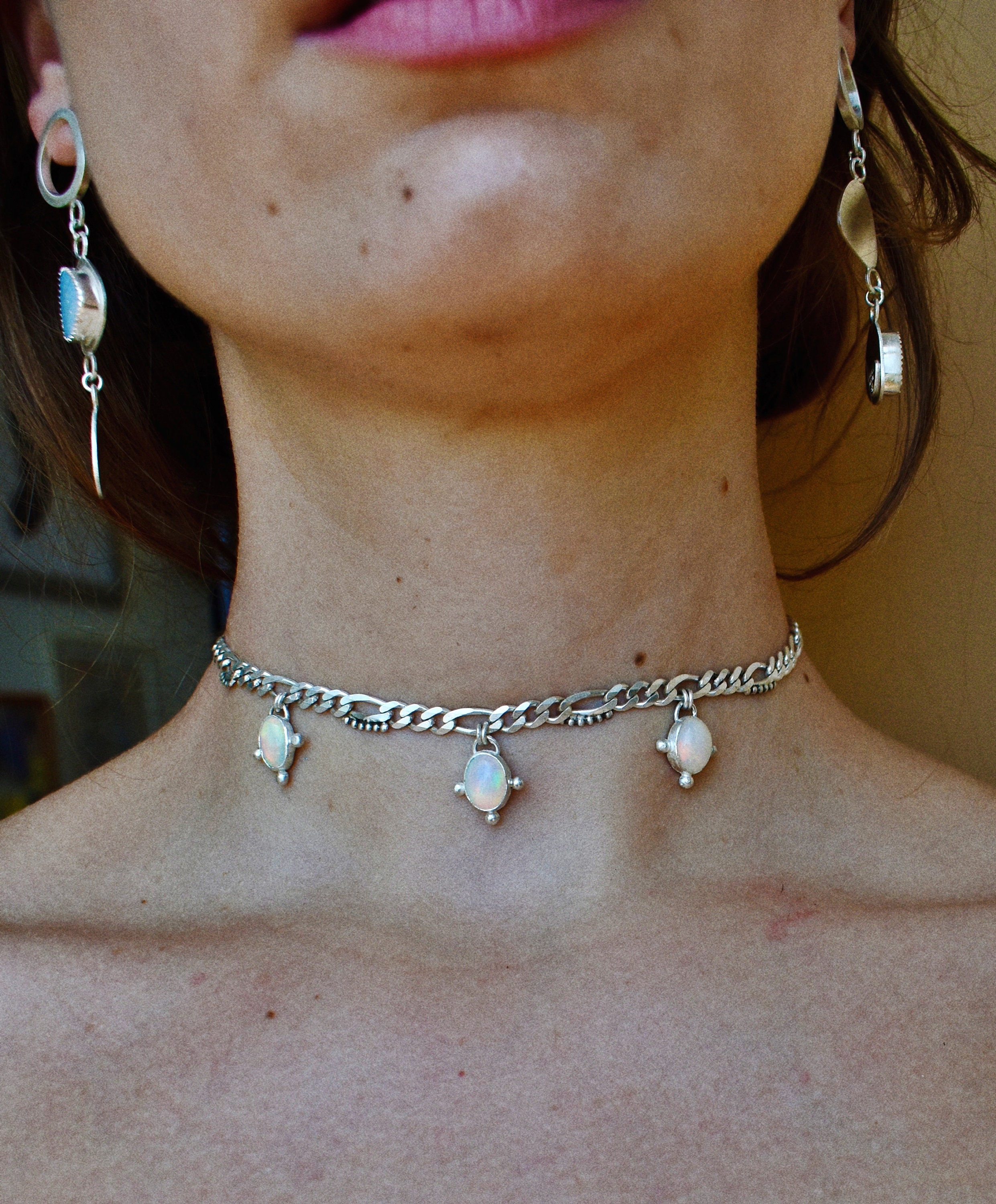 Opal & Lots of Dots ᠅ Choker Necklace with Sterling Silver in Figaro or Curb Chain - Fairy Whimsical Industrial, Rave, Welo Stone