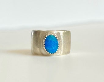 Australian Boulder Opal Chunky Sterling Silver Ring, Deep Blue & Green Rainbow Flash Stones, Thick Domed Band, Mermaid Style