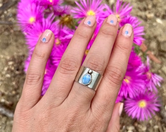 Australian Boulder Opal Chunky Sterling Silver Ring, Light Pastel Blue Rainbow Flash Stones, Thick Band, Matte Finish w/ Granulation Detail