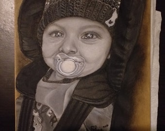 Portrait bébé/enfant aux pastels secs noir et blanc
