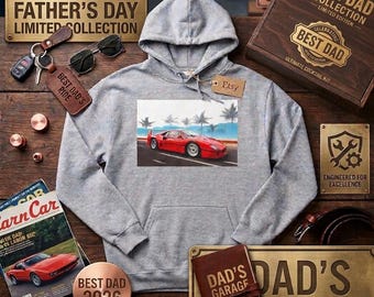 Father’s Day F40 90s Italian Supercar Hoodie – Retro Ferrari-Inspired Racing Car Beach Drive Sweatshirt, Automotive Art Hoodie