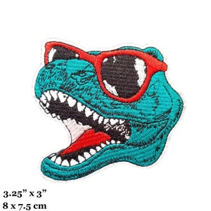 Dinosaur T Rex Face With Red Sunglasses Head Embroidered Iron On Patch