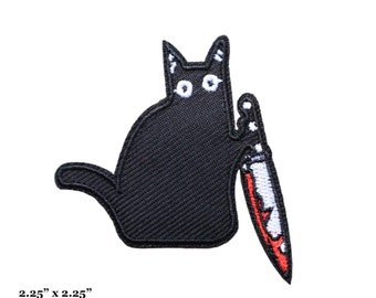 Black Cat With Bloody Knife Funny Killer Cat Meme Embroidered Iron On Patch