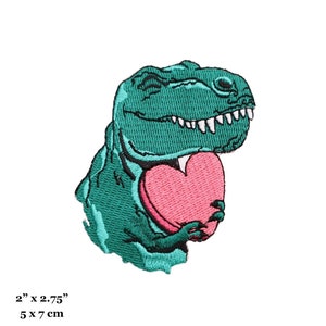 Dinossauro T-Rex segurando coração amor fofo engraçado bordado ferro em remendo