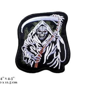 May include: Embroidered patch featuring the Grim Reaper with a scythe. The patch is black with white, red, and brown details. The patch measures 4 inches by 4.5 inches.