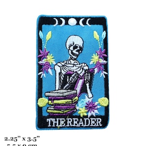 The Reader Tarot Card Skeleton Book Lover Embroidered Iron On Patch