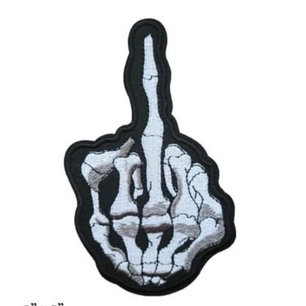 Skeleton Middle Finger Hand Punk Sign Black White Embroidered Iron On Patch