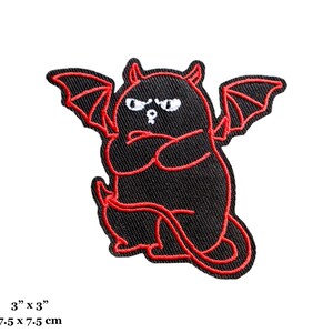 May include: Red and black embroidered iron-on patch of a cartoon devil cat with horns, wings, and a tail. The cat is sitting with its arms crossed and has an angry expression. The patch is 3 inches by 3 inches.