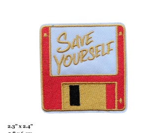Save Yourself Red Floppy Disk Diskette Vintage Embroidered Iron On Patch