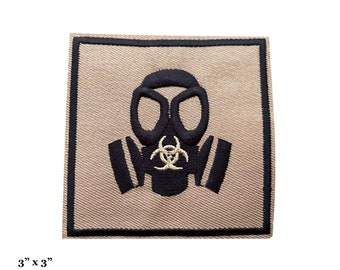 Broderad stryklapp för bioriskvarningstecken med gasmasksäkerhetssymbol