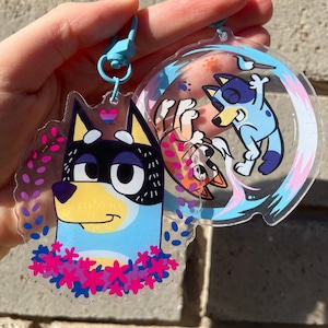 Discreet Pride Bluey Bisexual Transgender Keychain Charms, Bisexual Bandit Heeler and Trans Bingo and Bluey