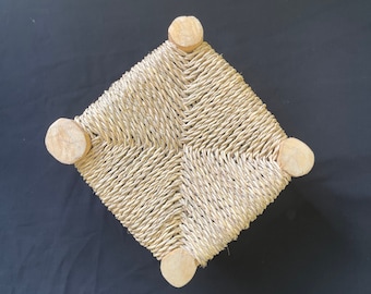 Set of two rattan Handmade stool - Palm leaf and wood stool