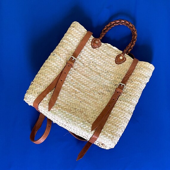 Straw Backpack Boho Backpack Straw Beach Bag With Leather Etsy