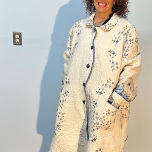 Blue and cream Embroidered Quilt Coat