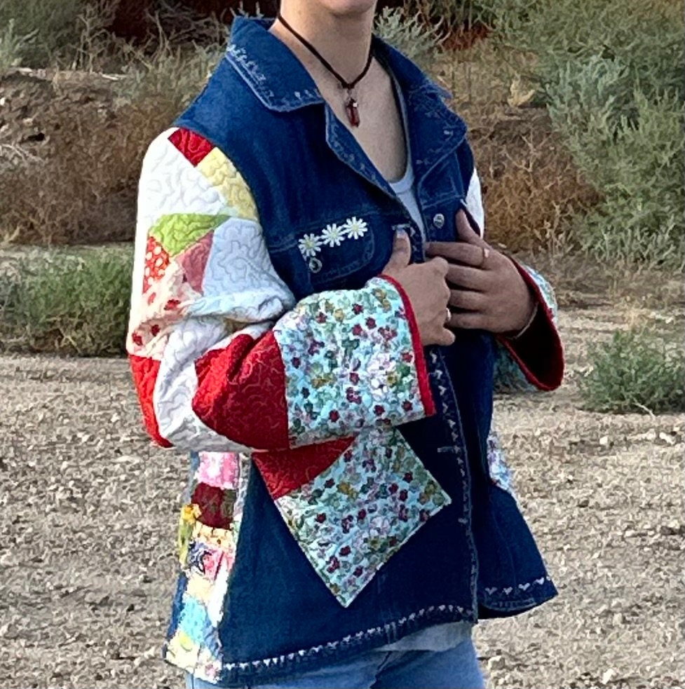 Denim Jacket With Quilted Sleeves, Funky and Fun, Embroidery