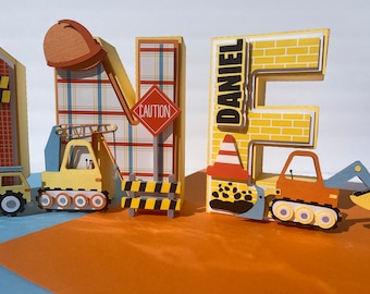 Letra de construção 3D: decoração de festa de aniversário com caminhão basculante