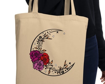 Eco Tote Bag, Subtle Lesbian Pride Tote, Floral Moon Tote Bag, Aesthetic Tote Bag, Reusable Grocery Bag, Produce bag, Cute Canvas Tote Bag