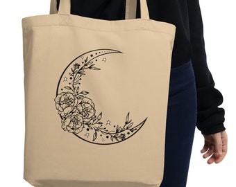 Eco Tote Bag, Witchy Tote Bag, Floral Moon Bag, Aesthetic Tote Bag, Cute Canvas Tote, Produce Bag, Reusable Grocery Bag