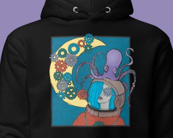 Sudadera con capucha espacial, unisex fit, ropa steampunk, camisa de astronauta, sudadera con capucha Octopus, sudadera con capucha art, camisa espacial, astronauta femenina, arte steampunk