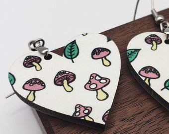 Pendientes de hongos, Pendientes de cottagecore, Pendientes de tierra, Pendientes de hongos rosas, Pendientes de corazón de hongo, Pendientes de hojas
