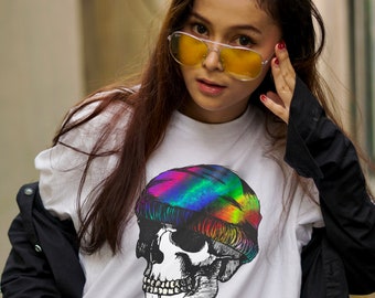 Rainbow Skull Shirt, Skeleton with a beanie, Spookt T Shirt, Skeleton T Shirt, Pride Halloween Shirt, Punk Shirt, LGBTQIA Shirt
