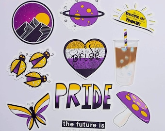 Non-binary Sticker Pack of 10, Nonbinary Flag Stickers, Non-Binary Pride Stickers, LGBTQ Sticker Pack, Subtle Nonbinary stickers