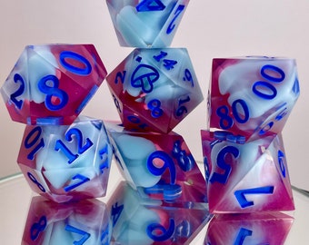 Frosted Raspberry Dice set | Polyhedral dice | D&D dice set | Dungeons and Dragons | Table Top Role Playing | Sharp Edge resin dice