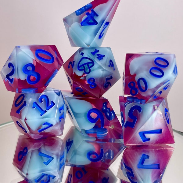 Frosted Raspberry Dice set | Polyhedral dice | D&D dice set | Dungeons and Dragons | Table Top Role Playing | Sharp Edge resin dice