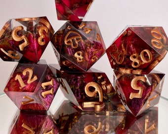 Burning Hearts Dice set | Polyhedral dice | D&D dice set | Dungeons and Dragons | Table Top Role Playing | Sharp Edge resin dice