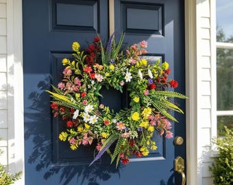 couronne de fleurs bohème pour porte d'entrée |  Couronne colorée de fleurs sauvages | Décoration de ferme pastel |  Couronne artificielle de printemps d'été