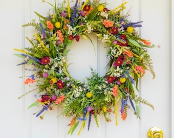 Boho Wildflower Wreath for Front Door | Spring Summer Artificial Floral Decor